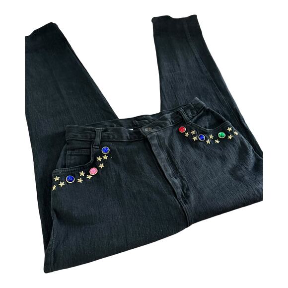 Vintage Cap Ferrat 80's black denim high waist Jeans with stars & stones size 13 - Picture 1 of 16